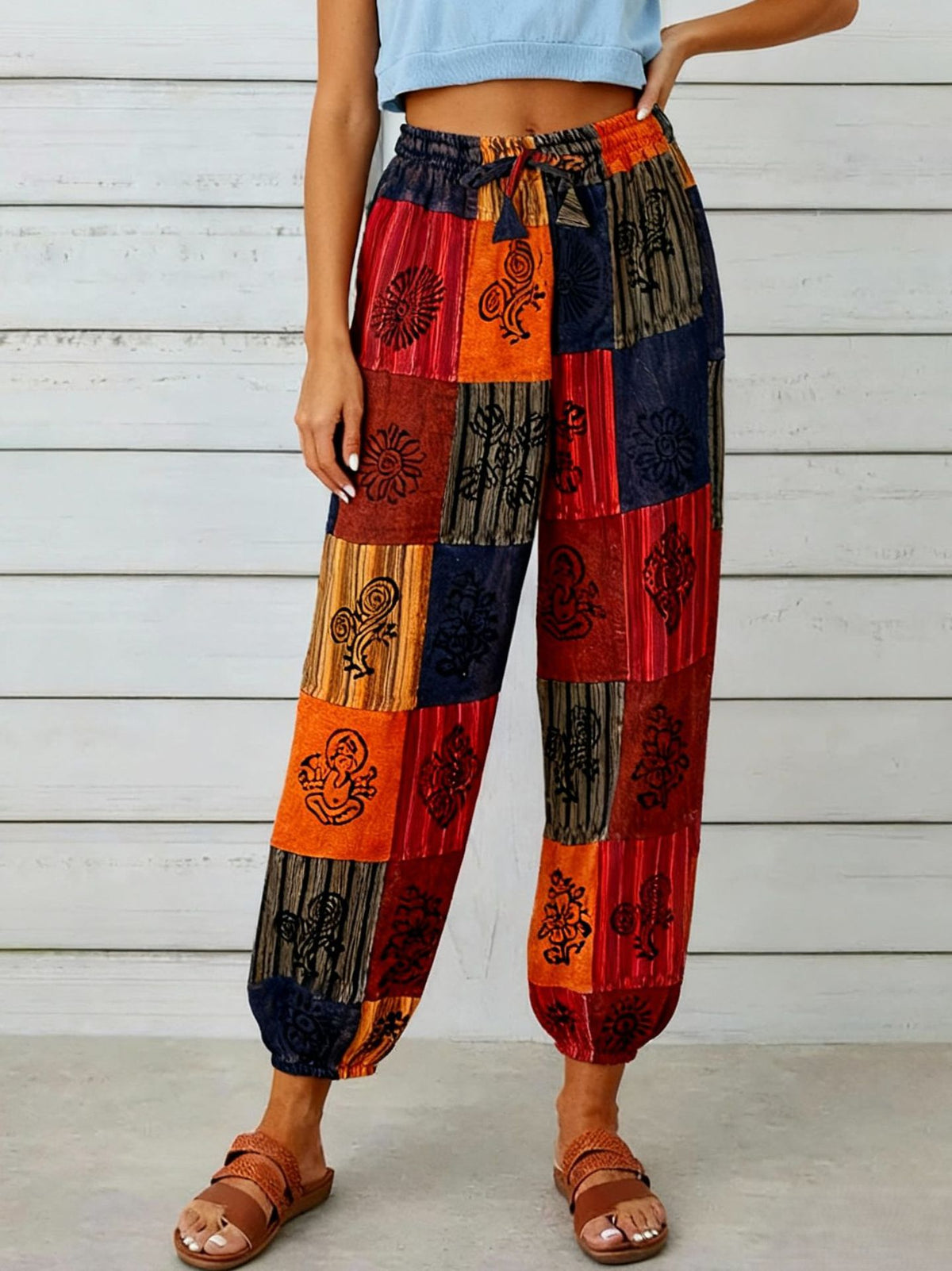 New European and American Cross-Border Women's Pants, High-Waisted Drawstring Cropped Pants, Elastic Waist, Cuffed Ankles, Vintage Print Pants