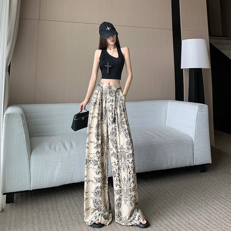 Cross-Border High-End Retro Printed Wide-Leg Pants 2025 New High-Waist Slim Fashion Versatile Casual Straight Pants