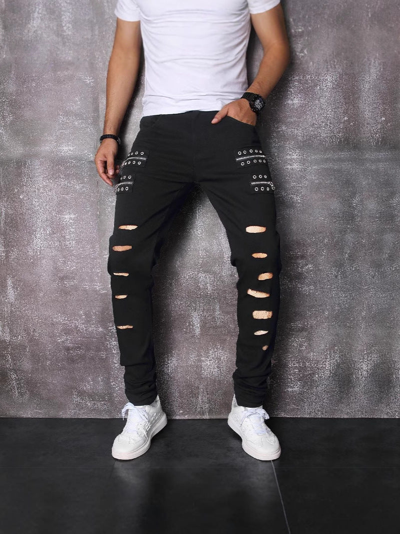 New Patchwork Jeans 2025 Spring & Fall Fashion Trendy Men's High Elastic Slim Men's Jeans Multi-Color Patchwork Black