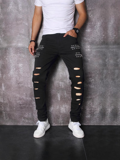 New Patchwork Jeans 2025 Spring & Fall Fashion Trendy Men's High Elastic Slim Men's Jeans Multi-Color Patchwork Black
