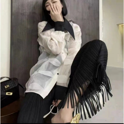 Miyake Pants Women's 2025 Summer New High-end Pleated Blue Loose Slimming Tassel Straight Pants