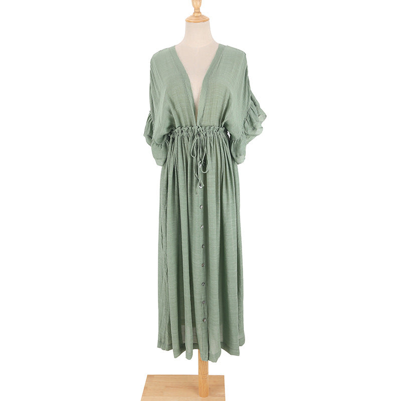 New Bamboo Cloth Button Waist Rope Long Skirt Cardigan Vacation Beach Jacket Sun Protection Clothing Long Skirt Bikini Cover-Up for Women