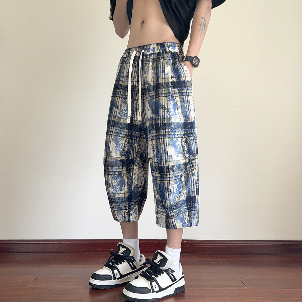American High Street Style Handsome Workwear Cropped Pants for Men, Extra Large Size Plus Fat Wide Leg Shorts, Summer Ice Silk Eight-Point Pants