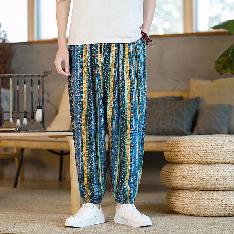 Chinese Style Printed Cropped Pants for Men, Loose Plus Size Carrot Pants, Summer Harem Beach Pants, Ethnic Style Loose Pants