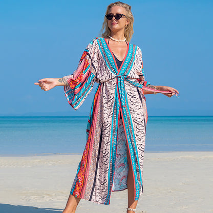 New European and American Rayon Printed Cardigan Beach Skirt Bikini Cover-Up Swimsuit with Sun Protection Clothing Seaside Vacation Skirt