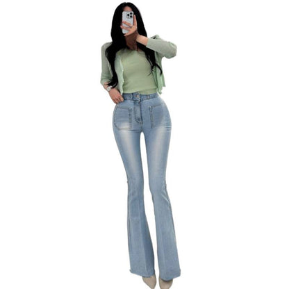 4-Color Padded Hip-Enhancing Jeans Korean Version with Padded Waist and Hip Ratio High-Waisted Slim-Fit Flared Pants