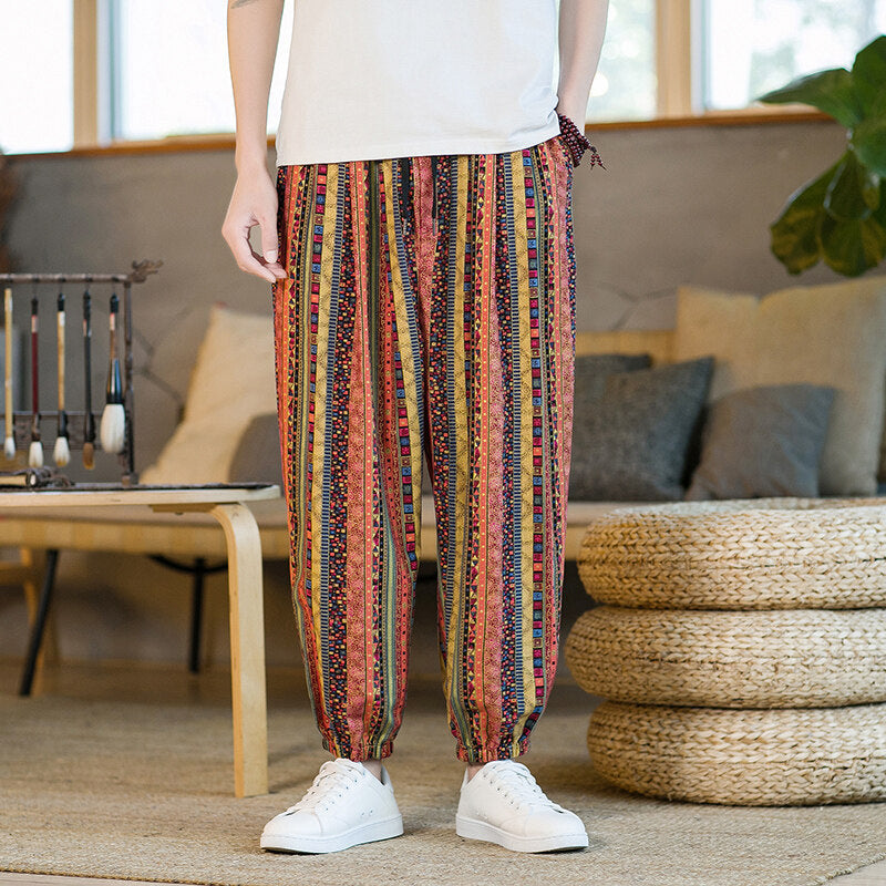 Chinese Style Printed Cropped Pants for Men, Loose Plus Size Carrot Pants, Summer Harem Beach Pants, Ethnic Style Loose Pants