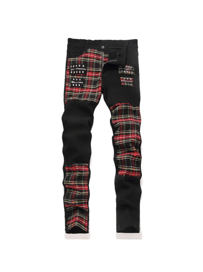 New Patchwork Jeans 2025 Spring & Fall Fashion Trendy Men's High Elastic Slim Men's Jeans Multi-Color Patchwork Black