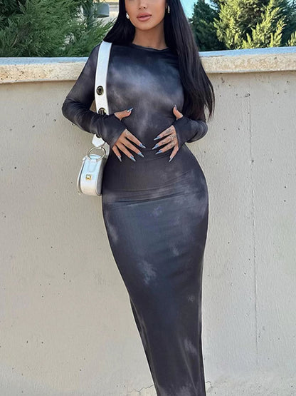 New Tie-dyed Long Sleeve Slim Fit Hot Girl Dress Women