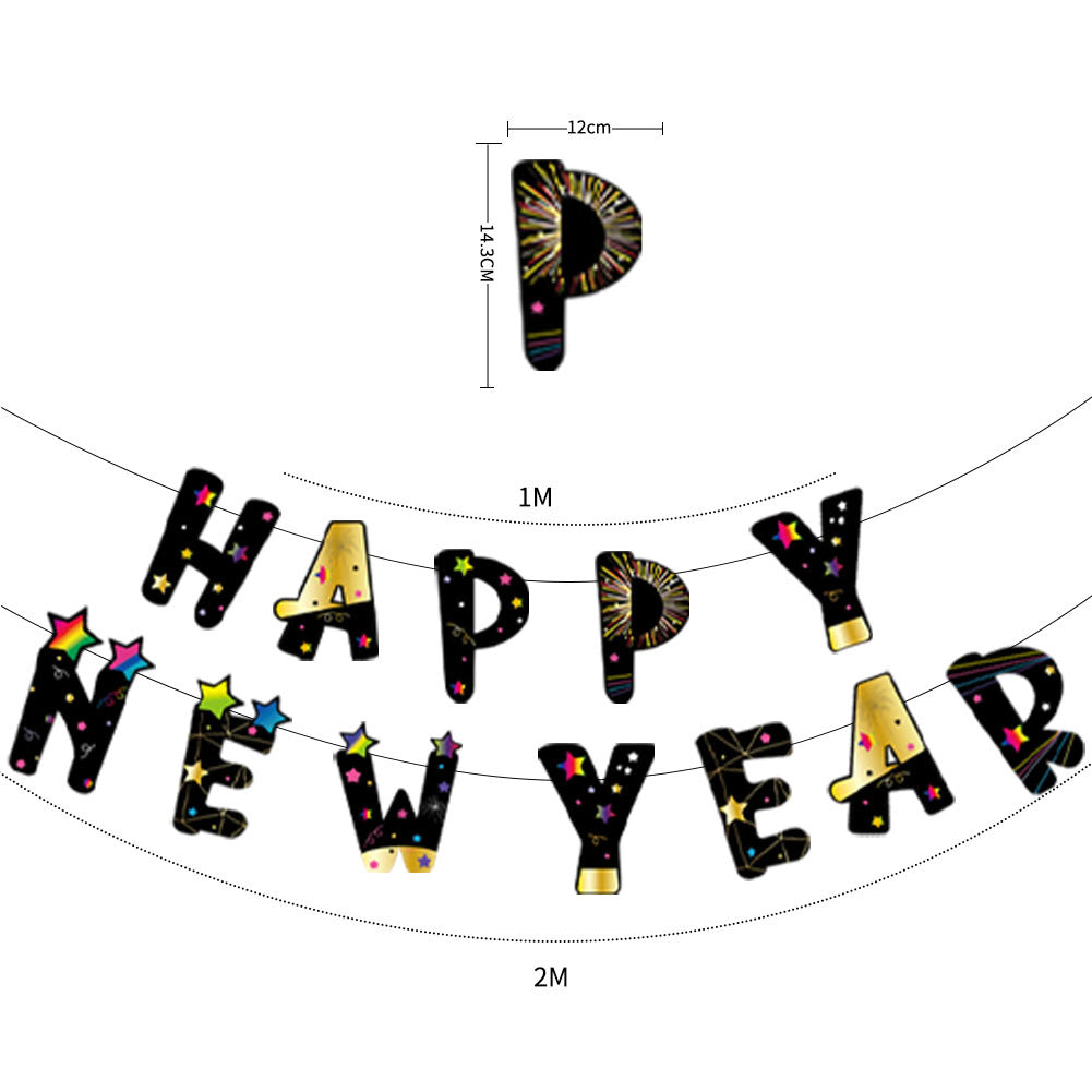 Happy New Year Hanging Flag Colorful Flag Black Gold Letter Pendant