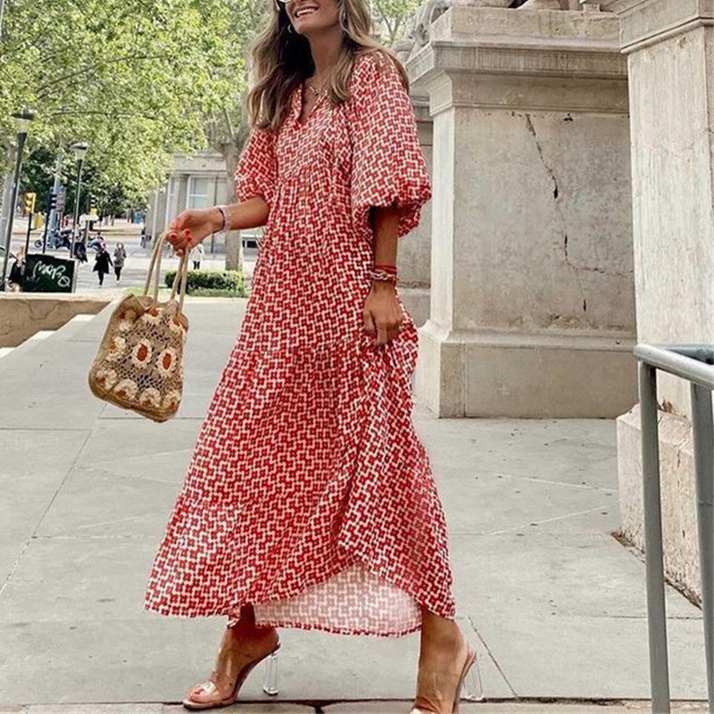 European and American Plus-Size Women's Loose-Fitting Bohemian Round-Neck Lantern-Sleeve Sweet Girl Dress Wholesale from Source Factory