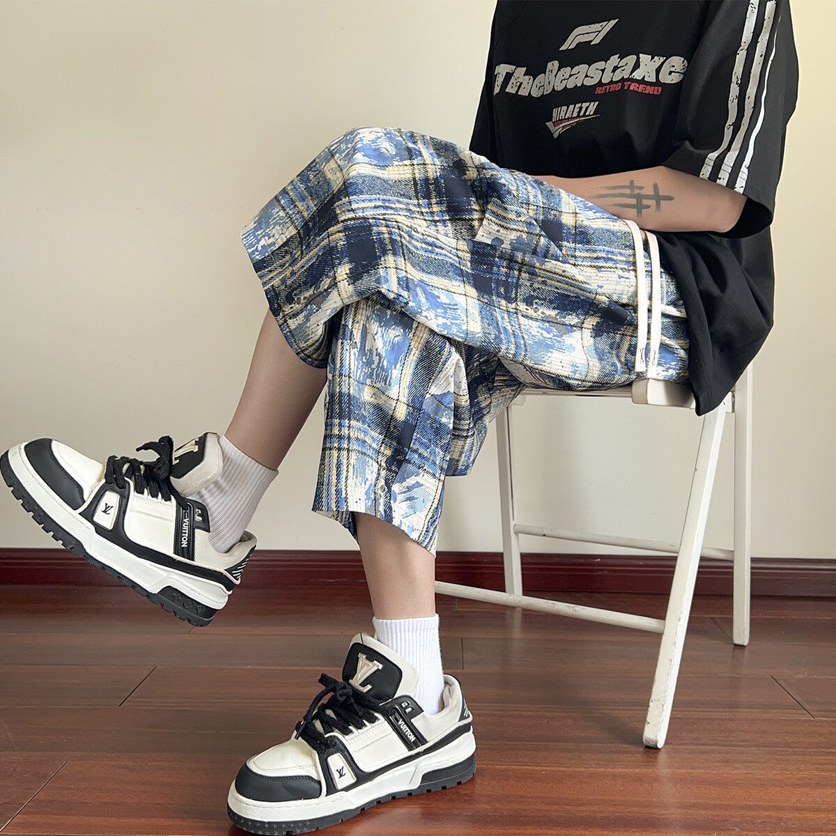 American High Street Style Handsome Workwear Cropped Pants for Men, Extra Large Size Plus Fat Wide Leg Shorts, Summer Ice Silk Eight-Point Pants