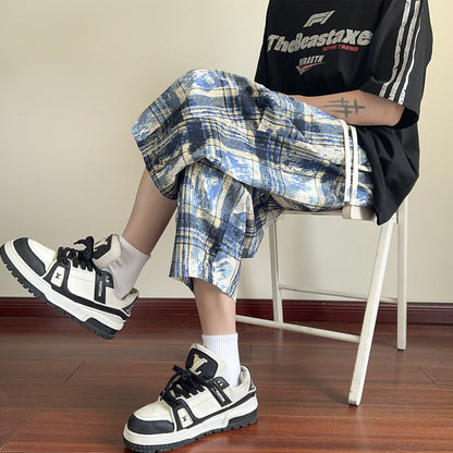 American High Street Style Handsome Workwear Cropped Pants for Men, Extra Large Size Plus Fat Wide Leg Shorts, Summer Ice Silk Eight-Point Pants