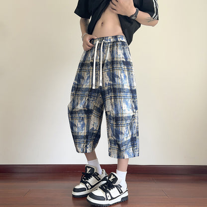American High Street Style Handsome Workwear Cropped Pants for Men, Extra Large Size Plus Fat Wide Leg Shorts, Summer Ice Silk Eight-Point Pants