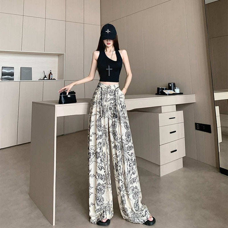 Cross-Border High-End Retro Printed Wide-Leg Pants 2025 New High-Waist Slim Fashion Versatile Casual Straight Pants