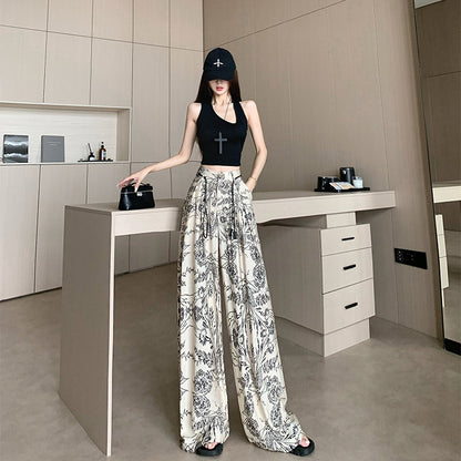 Cross-Border High-End Retro Printed Wide-Leg Pants 2025 New High-Waist Slim Fashion Versatile Casual Straight Pants
