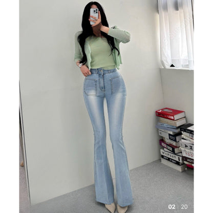 4-Color Padded Hip-Enhancing Jeans Korean Version with Padded Waist and Hip Ratio High-Waisted Slim-Fit Flared Pants