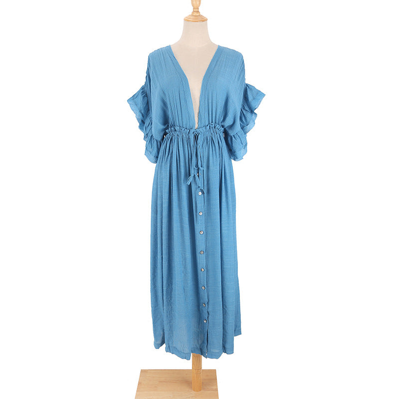 New Bamboo Cloth Button Waist Rope Long Skirt Cardigan Vacation Beach Jacket Sun Protection Clothing Long Skirt Bikini Cover-Up for Women