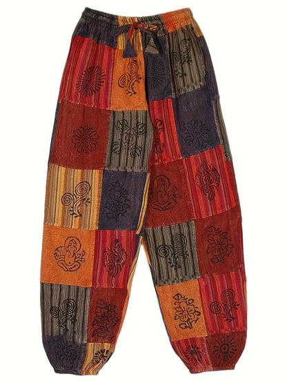 New European and American Cross-Border Women's Pants, High-Waisted Drawstring Cropped Pants, Elastic Waist, Cuffed Ankles, Vintage Print Pants