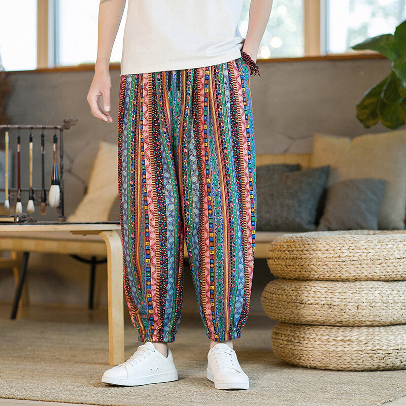 Chinese Style Printed Cropped Pants for Men, Loose Plus Size Carrot Pants, Summer Harem Beach Pants, Ethnic Style Loose Pants