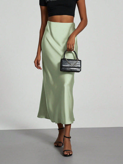 In-Stock Cross-Border Women's Clothing Wholesale European and American Style Elegant Satin Midi Skirt Slimming and Flowy