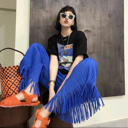 Miyake Pants Women's 2025 Summer New High-end Pleated Blue Loose Slimming Tassel Straight Pants