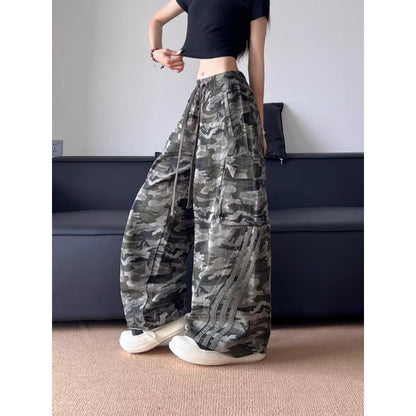 American Style 2025 Stripe Camouflage Crane Pants Women's Thin Trendy Autumn Casual plus size Loose Slimming Straight Leg Wide-leg Pants