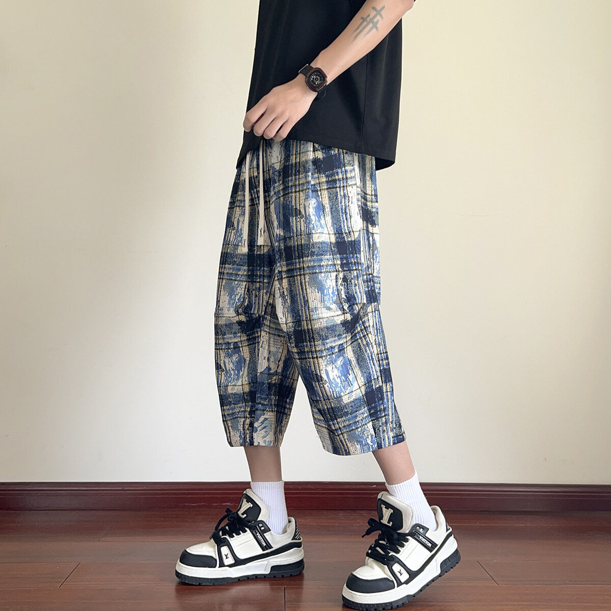 American High Street Style Handsome Workwear Cropped Pants for Men, Extra Large Size Plus Fat Wide Leg Shorts, Summer Ice Silk Eight-Point Pants