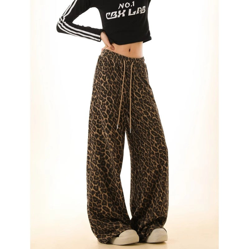Camouflage Leopard Pants Men's and Women's Staggy Waist Lazy Wide Relaxation Slimming Wide Leg Straight All-match Casual Pants