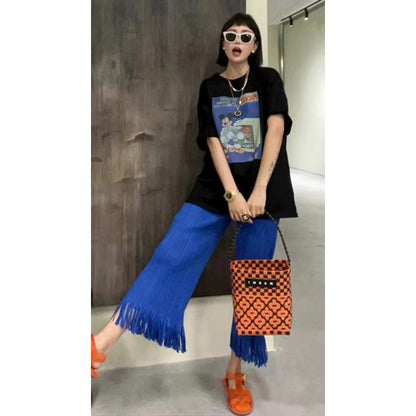 Miyake Pants Women's 2025 Summer New High-end Pleated Blue Loose Slimming Tassel Straight Pants
