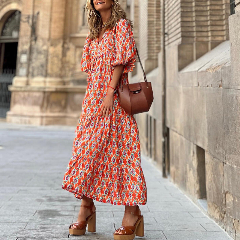 European and American Plus-Size Women's Loose-Fitting Bohemian Round-Neck Lantern-Sleeve Sweet Girl Dress Wholesale from Source Factory