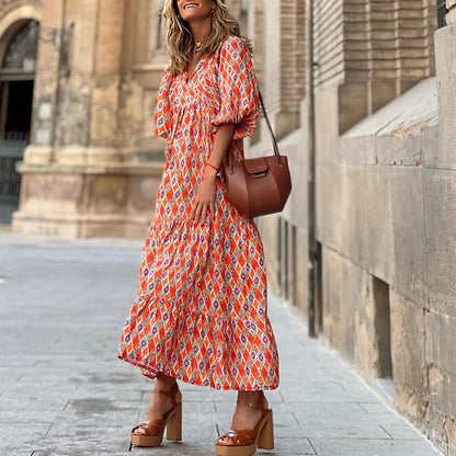European and American Plus-Size Women's Loose-Fitting Bohemian Round-Neck Lantern-Sleeve Sweet Girl Dress Wholesale from Source Factory