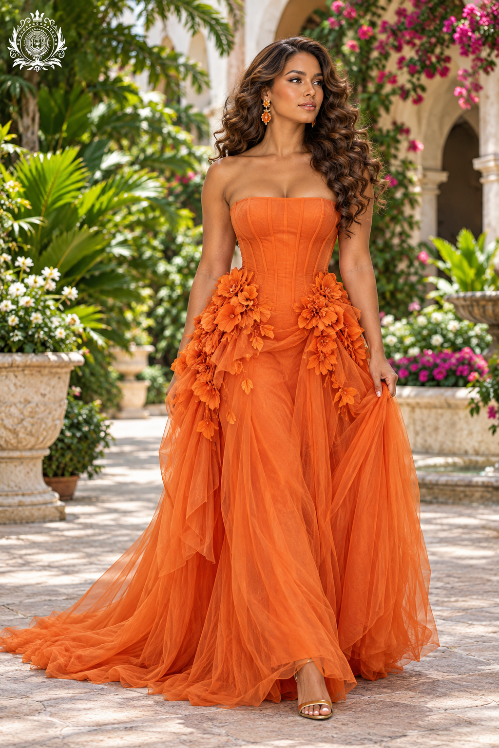 Women's Floral Tulle Gown | Strapless Bodice & Dimensional Flower Details | Prom & Formal Events