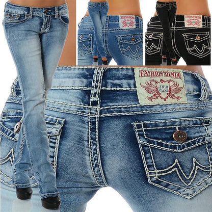 2026 Spring Summer Women's Embroidered Denim Jeans Pants High Waist Straight Trousers Slim Fit Bottoms