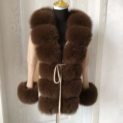 Women's Real Fox Fur Cardigan Jacket Spring and Autumn with Knitted Sweaters and Real Fox Fur Collar Women Raccoon Fur Cardigan