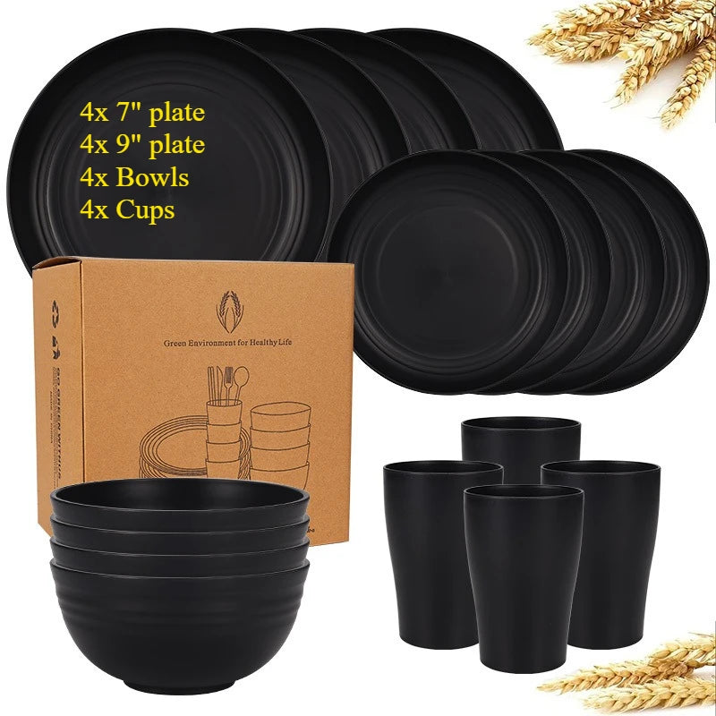 Natural Wheat Straw Tableware Set Dinnerware Sets Biodegradable Unbreakable Plates, Bowls, Cups Lightweight for Kitchen Camping