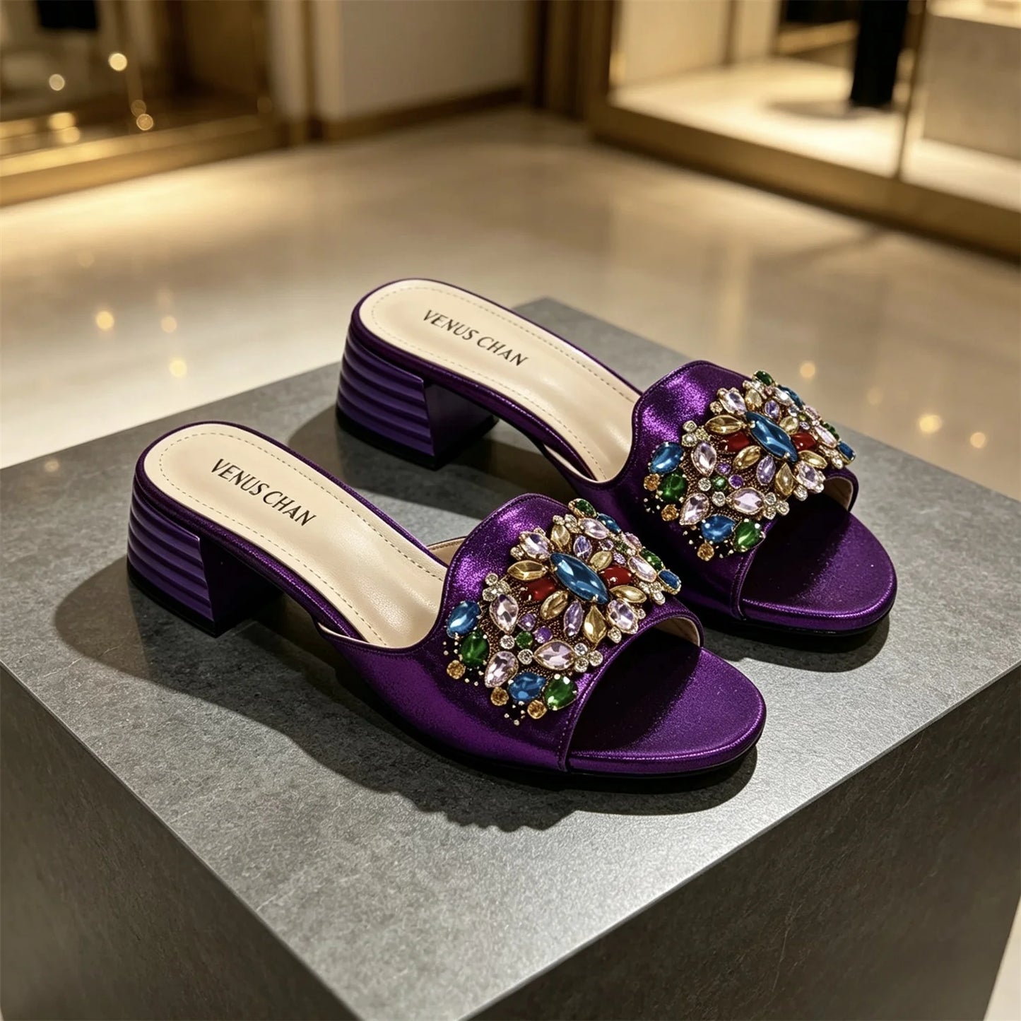 Women's Luxury Gold Satin Low Block Heel Mules Sparkly Colorful Gem Rhinestone Jeweled Open Toe Slide Sandals Summer Party Shoes