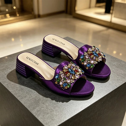 Women's Luxury Gold Satin Low Block Heel Mules Sparkly Colorful Gem Rhinestone Jeweled Open Toe Slide Sandals Summer Party Shoes