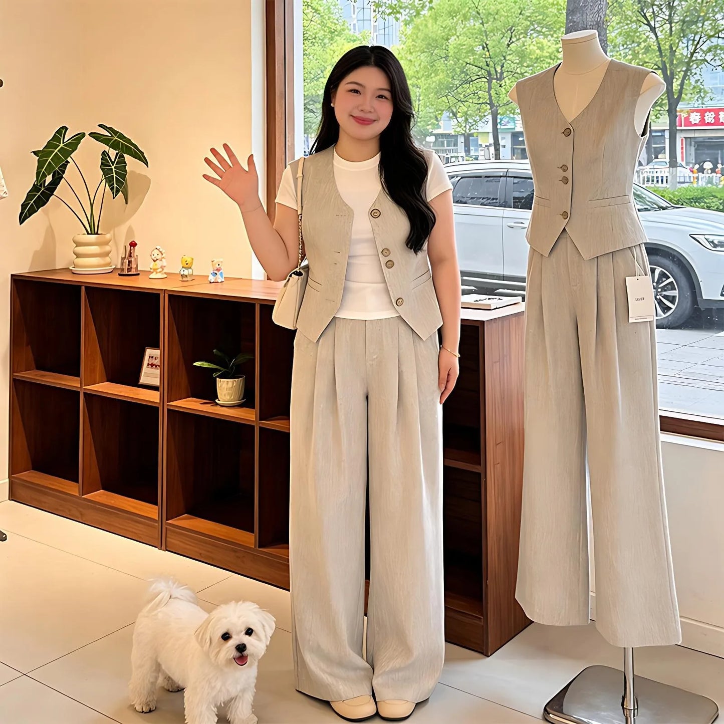 plus Size Casual Style Three Piece Set Women's Summer New White T-Shirt Sleeveless Tank Top Wide Leg Pants Ensemble