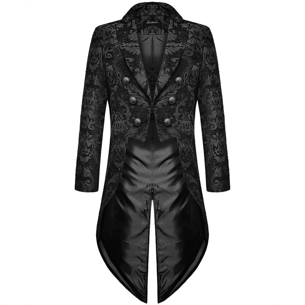 Golden Men's Gothic Steampunk Tailcoat, Black Embroidered Trench Coat, Party/stage Performance Long Jacket.