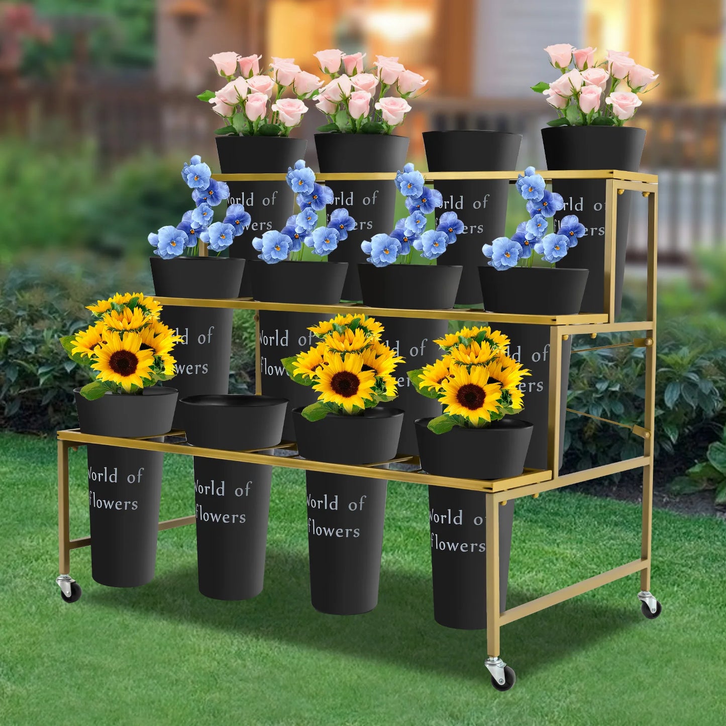 3 Layers Flower Display Stand with 12PCS Black Buckets,Metal Moving Plant Stand with Wheels, Garden Cart Display Flower Shelf