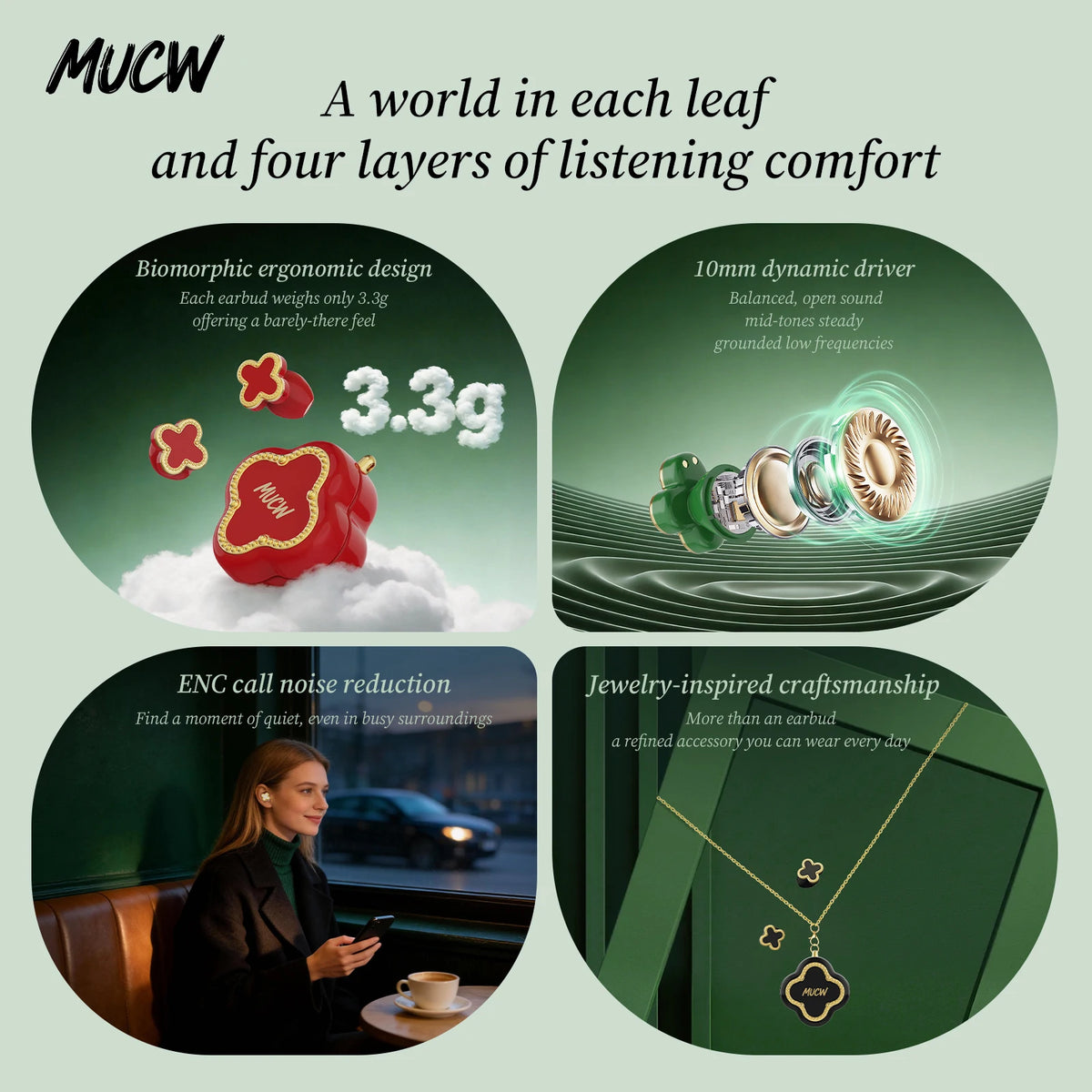 Luxury Four‑Leaf Clover TWS Earbuds MUCW CO06 Bluetooth 6.0 ENC Noise Cancelling Headset Light Weight Fashion Jewelry Earphone Gift for Ladies Daily Wear
