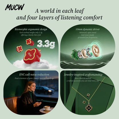 Luxury Four‑Leaf Clover TWS Earbuds MUCW CO06 Bluetooth 6.0 ENC Noise Cancelling Headset Light Weight Fashion Jewelry Earphone Gift for Ladies Daily Wear