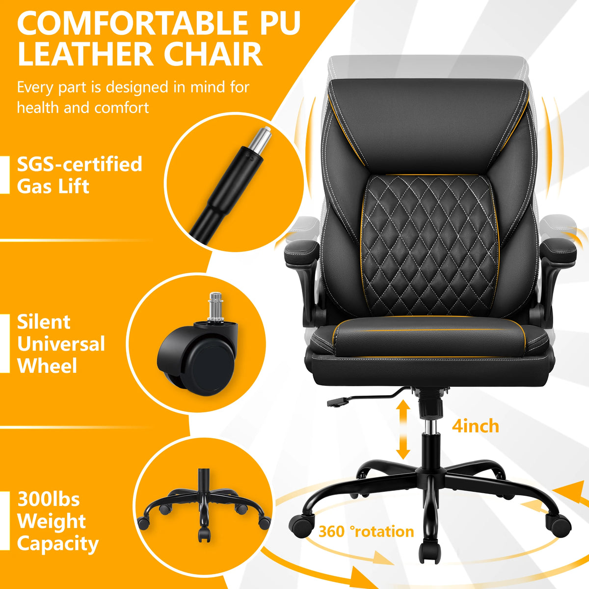 KERDOM Office Desk Chair, Mid Back Executive Leather Chair,Ergonomic Home Computer Chair,Modern Conference Room Chairs with Adjustable Flip-Up Arms and Rocking Function, Black