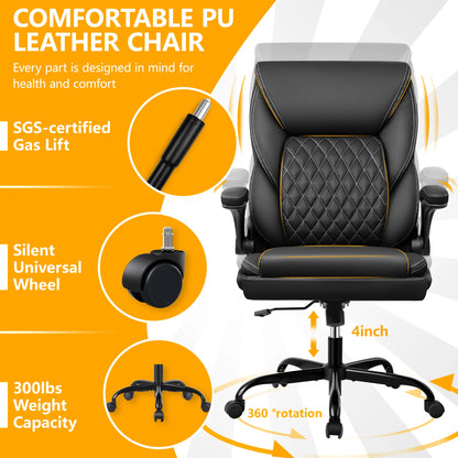 KERDOM Office Desk Chair, Mid Back Executive Leather Chair,Ergonomic Home Computer Chair,Modern Conference Room Chairs with Adjustable Flip-Up Arms and Rocking Function, Black