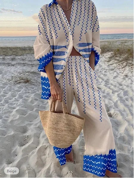 Fashion Print Beach Holiday 2-Piece Set Women Spring Summer Long Sleeve Shirt Top + Wide Legs Women's Oversized Two-Piece Outfit