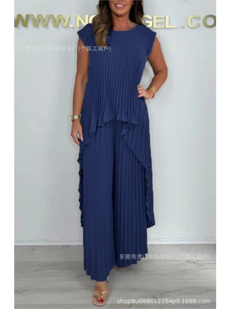 Summer Solid Casual Holiday Two Piece Sets Elegant Women Pleated Irregular O Neck Sleeveless Top + Wide-leg Pants Loose Outfits
