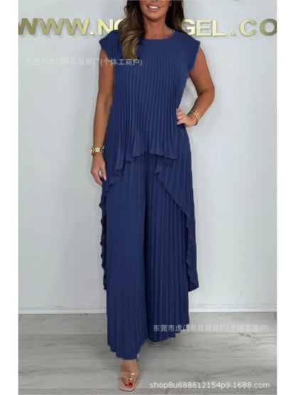 Summer Solid Casual Holiday Two Piece Sets Elegant Women Pleated Irregular O Neck Sleeveless Top + Wide-leg Pants Loose Outfits