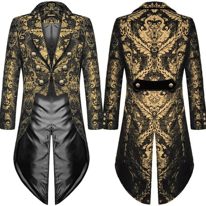 Golden Men's Gothic Steampunk Tailcoat, Black Embroidered Trench Coat, Party/stage Performance Long Jacket.