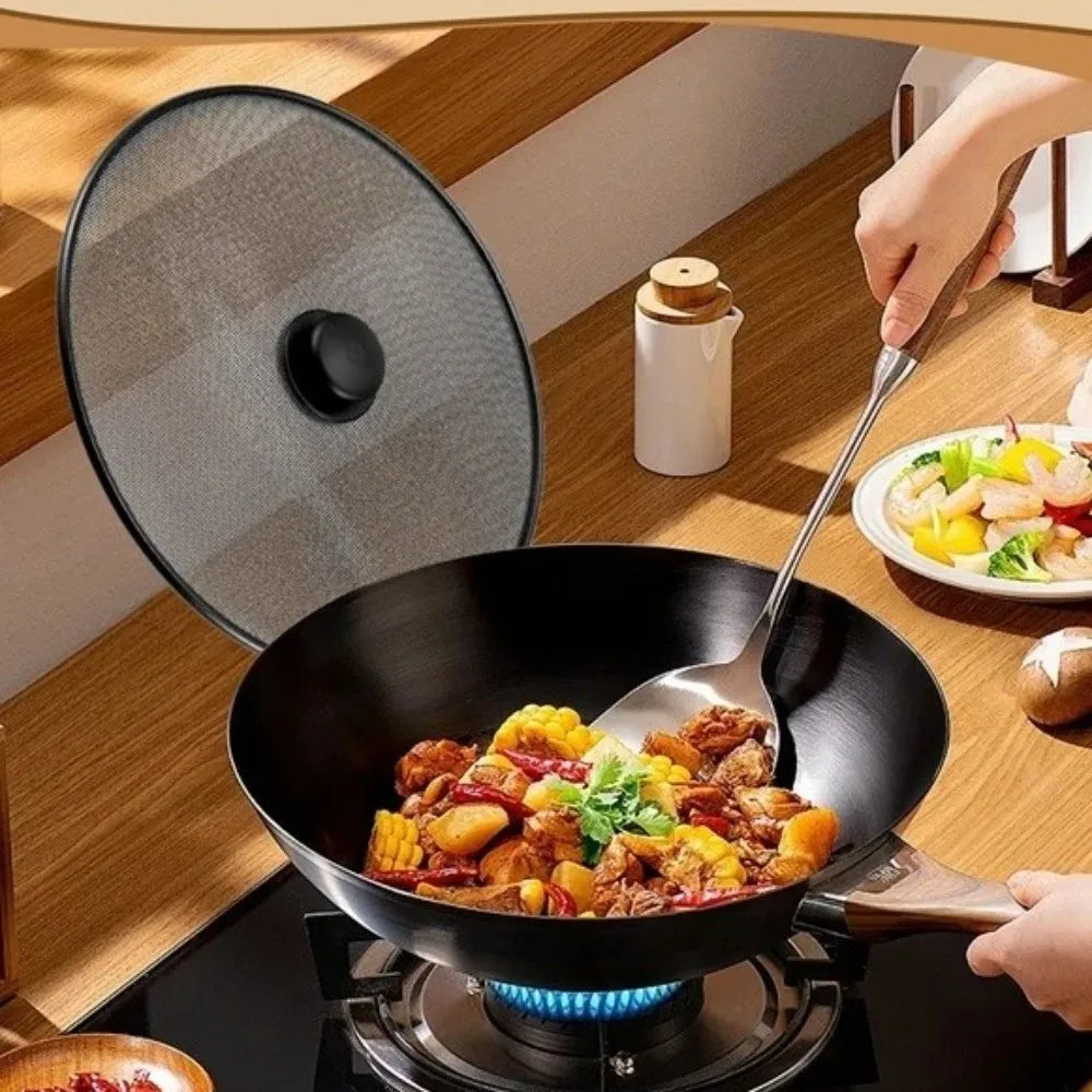 Anti-Splash Splatter Screen With Handle Stainless Steel Oil Splash Guard Fine Mesh Anti Grease Lid Frying Pan Use